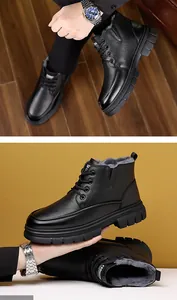 Vue détaillée des bottes d'hiver en cuir noir pour hommes avec doublure en fourrure grise