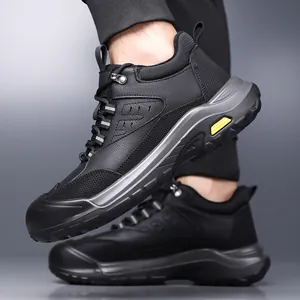 Bottes de randonnée homme en cuir noir avec semelle antidérapante jaune pour hiver
