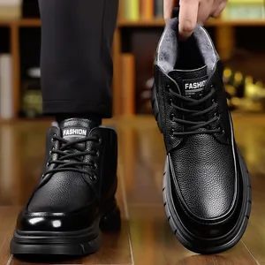 Bottes d'hiver en cuir noir pour hommes avec doublure polaire et semelles antidérapantes