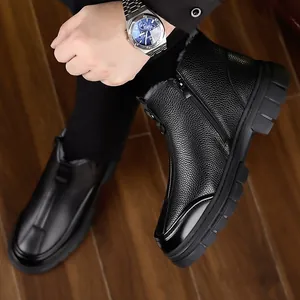 Bottes de neige noires en cuir pour homme avec doublure fourrure et semelle antidérapante