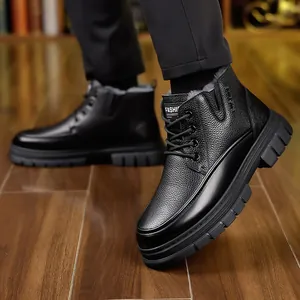 Bottes d'hiver homme en cuir noir avec doublure chaude en peluche et semelle antidérapante