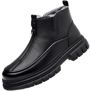 Bottes d'hiver en cuir grainé noir pour hommes avec doublure en peluche et semelle en gomme