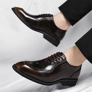 Formal dark brown square toe business shoes with brogue detailing and lace-up closure