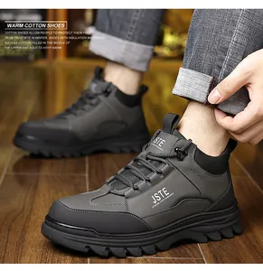 Detail of warm winter men's boots with durable non-slip sole and thick fleece lining