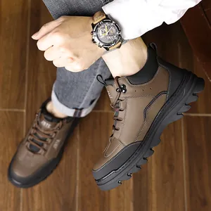Men's winter high-top leather snow boots with non-slip thick rubber soles and warm wool lining