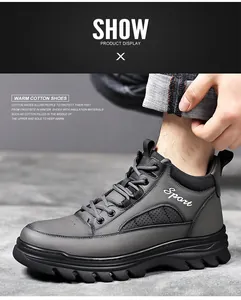 Detailed view of men winter leather boots featuring warm lining and Sport embroidery