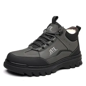 Men's winter waterproof leather boots with warm fleece lining and non-slip rubber soles