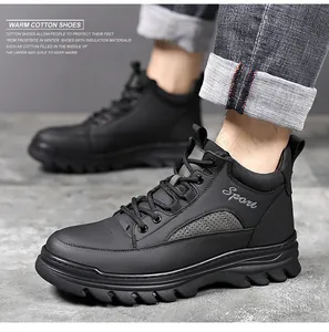 Detail view of winter leather sport boots with warm plush lining and non-slip thick sole