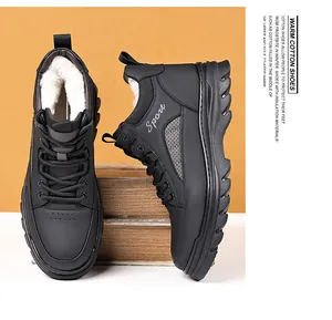 Detail of warm winter men boots with thick fleece lining and durable non-slip rubber sole