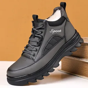 Men's Winter Warm Boots First Layer Cowhide Leather High Top Casual Shoes Non-Slip Rubber Sole Thick Plush Lining Snow Boots