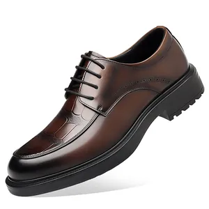 Brown brogue dress shoes for men with crocodile embossing and gradient leather finish