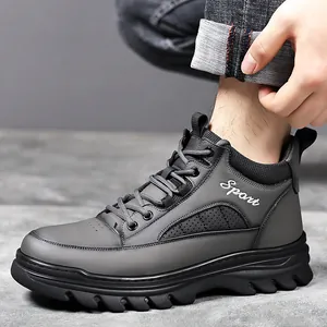 Men's high-top winter leather boots with non-slip thick soles and sport text detail