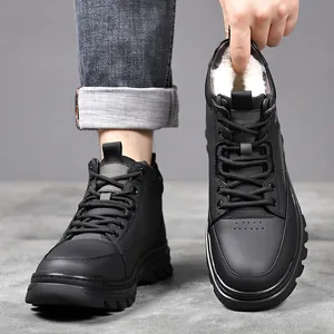 Men's winter leather boots with warm fleece lining and non-slip rubber soles in black