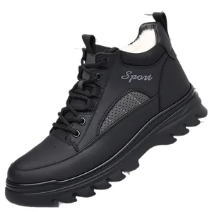 Men's black leather high-top winter boots with warm fur lining and non-slip rubber sole