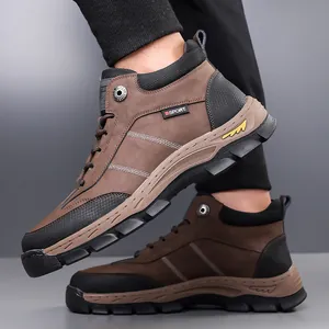 Men's high-top brown winter snow boots with anti-slip thick soles for outdoor warmth
