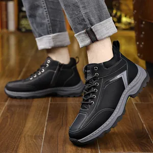 Men's winter snow boots in black leather with side zipper and warm wool lining