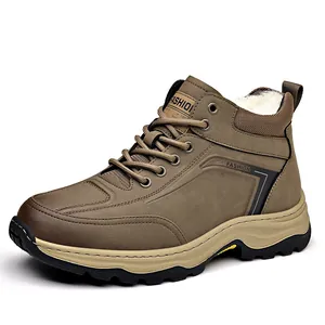 Men's brown winter outdoor snow boots with warm wool lining and side zipper detail