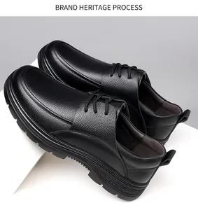 Detail of men's black leather shoes with sport sole on a white geometric stand