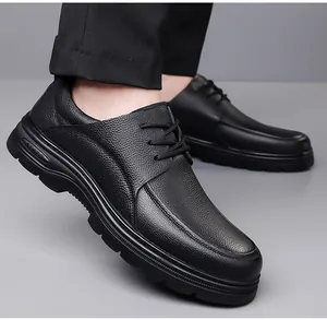 Detail of black leather casual shoes for men with textured finish and SPORT sole logo