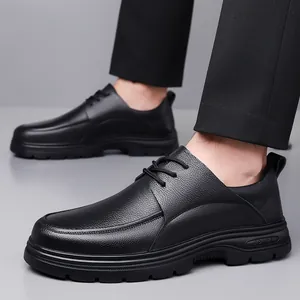 Men's classic black leather lace-up casual shoes with textured finish and thick rubber soles