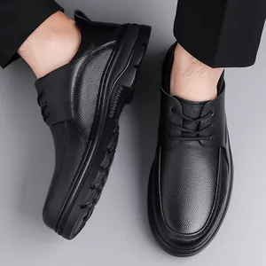 Classic black leather men's casual shoes with lace-up design and non-slip rubber soles