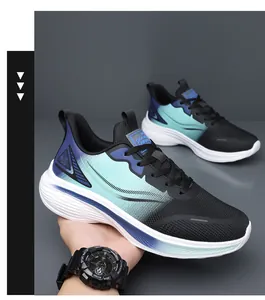 Detailed view of breathable mesh running shoe with blue and green gradient and thick sole