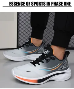 Detail view of breathable grey mesh running shoes with cushioning sole and industrial background