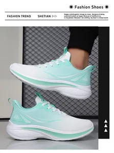 Detail of mint green and white athletic running shoes with cushioned soles and mesh material