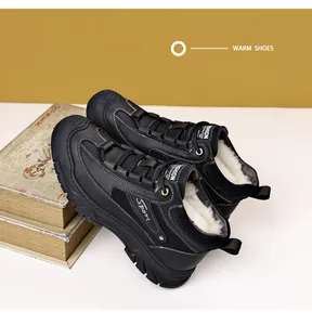 Detail of warm winter high-top boots with plush fleece lining and black rubber soles