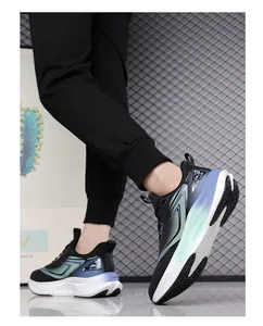 Detail shot of men's waterproof running shoes with blue-green gradient stripes and thick sole