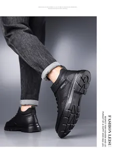 Close-up of durable non-slip rubber sole and leather texture on men's black boots