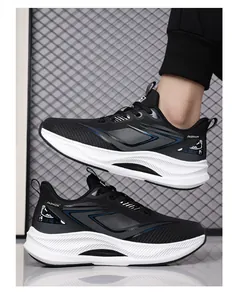 Detail showing the thick cushioned white sole and breathable mesh upper of the men shoes