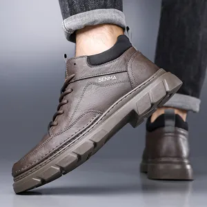Men's dark brown leather Martin boots with anti-slip thick soles in a stylish outdoor design