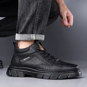 Men's black pebble leather martin boots with non-slip thick rubber soles in a side view