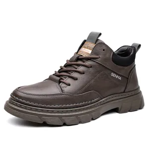 Brown retro high-top leather Martin boots for men with durable non-slip rubber soles