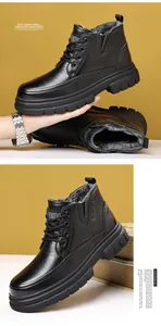 Detailed macro view of black leather winter boots showing thick wool lining and non-slip sole