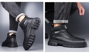 Detail showing the non-slip rubber sole texture and leather grain of these high-top boots