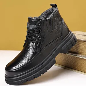 Men's Winter Snow Boots Top Layer Cowhide Leather High Top Shoes With Fleece Lining Non-Slip Rubber Sole Casual Outdoor Boots