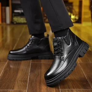 Men's black leather snow boots with warm wool lining and rugged anti-slip rubber soles