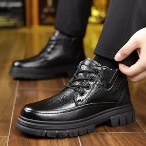 Men's black genuine leather snow boots with warm wool lining and anti-slip rubber soles