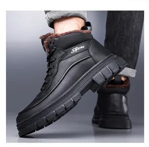 Detailed side view of men's black high-top winter boots with warm brown faux fur lining