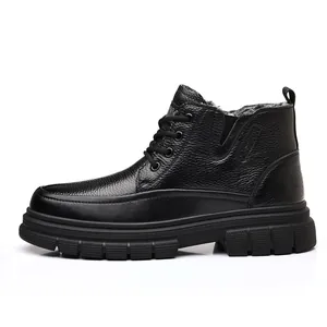 Men's black winter leather boots with warm wool lining and anti-slip rubber soles