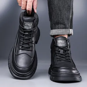 Men's winter high-top Martin boots with thick rubber soles and matte black leather finish