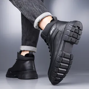 Men's high-top black leather winter boots with thick non-slip soles and warm lining
