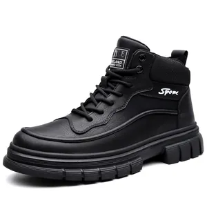 Men's high-top black leather work boots with thick rubber soles and fleece lining for winter