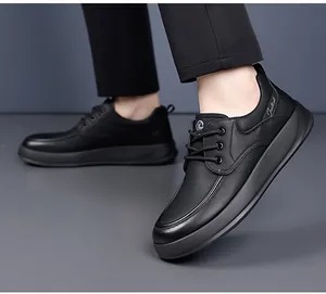 Detailed side view of black leather casual men's shoes with anti-slip thick soles