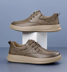Close-up of durable brown casual leather shoes with thick non-slip soles and lace-up design