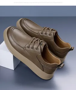 Detailed close-up of brown casual leather shoe with textured upper and thick anti-slip sole