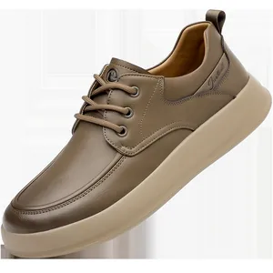 Brown leather men's casual shoes with textured finish and thick anti-slip rubber soles