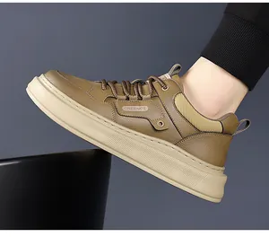 Detail view of khaki retro casual sneakers for men with non-slip thick platform sole